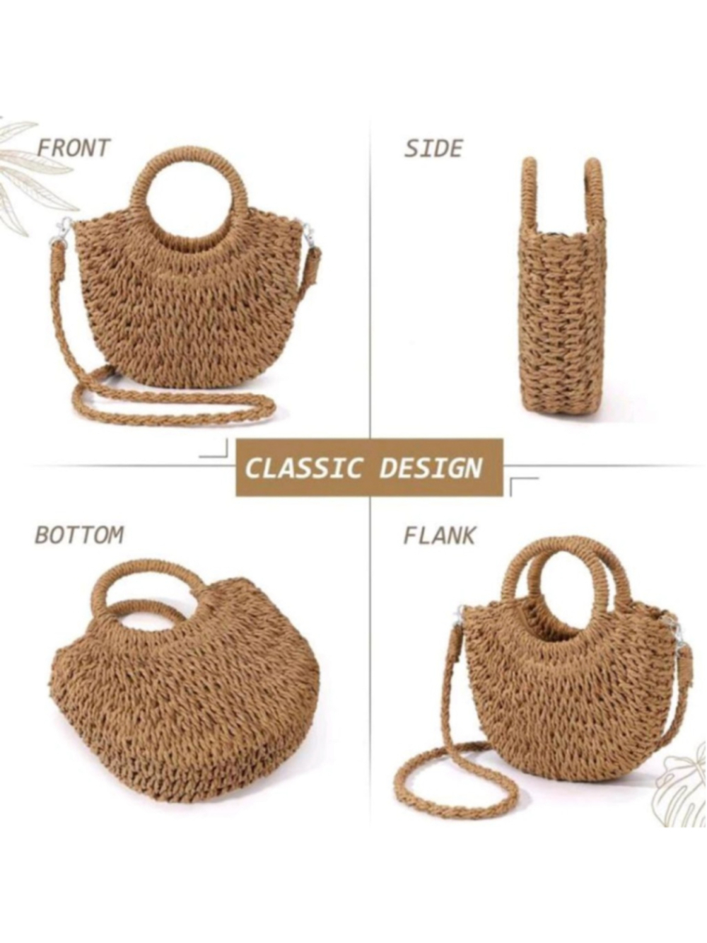 Tan Purse Straw Tote Bag Vacay Tote Shoulder Bag Light Brown Rattan Beach Purse - Picture 3 of 13